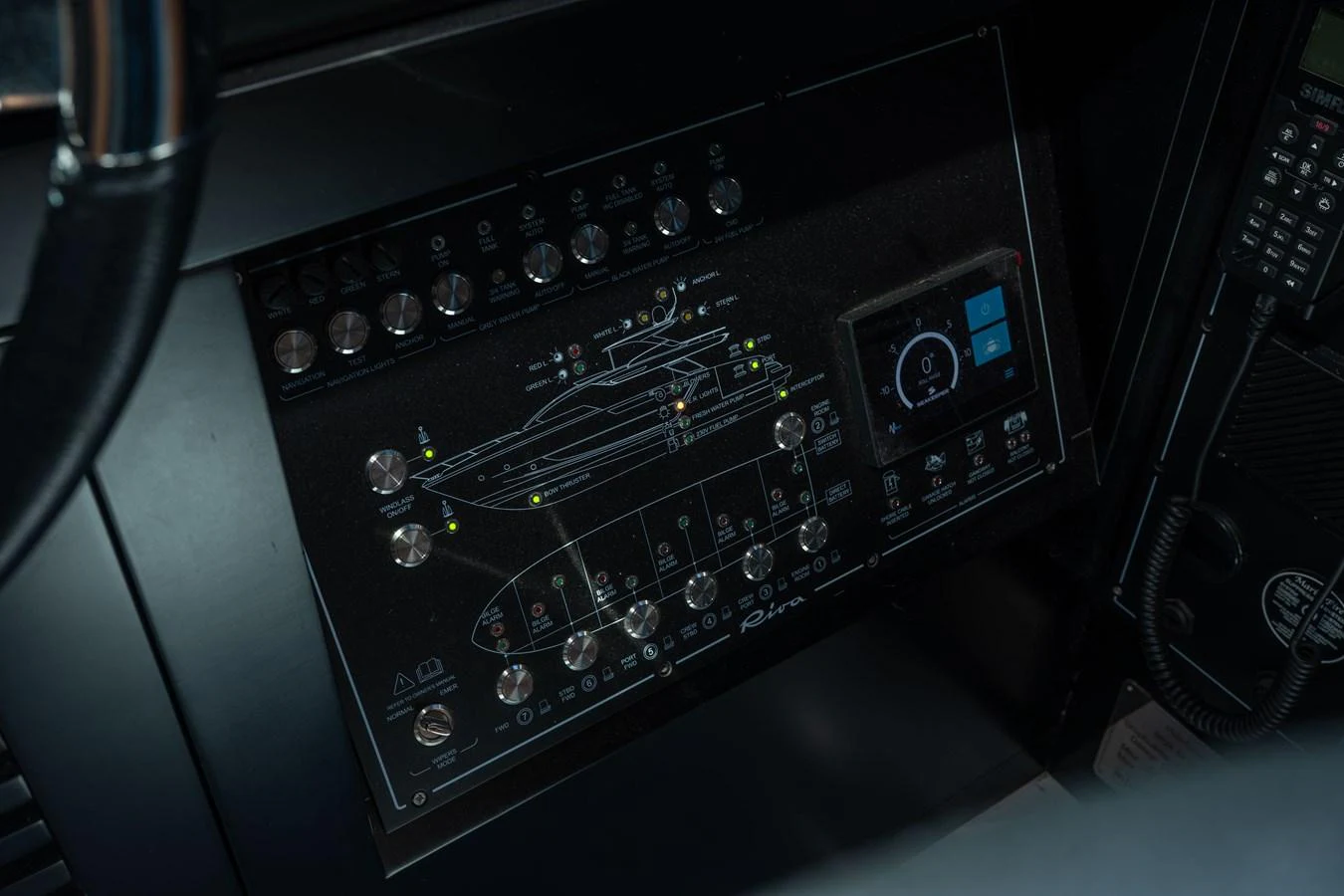 A close-up view of the yacht's control panel showcasing its advanced navigation and control systems. aboard CREA Yacht for Sale
