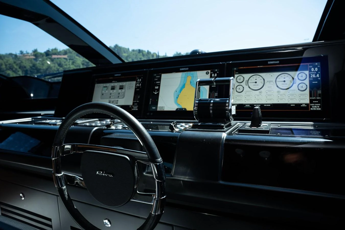 The helm features advanced navigation systems and a sleek, modern design. aboard CREA Yacht for Sale