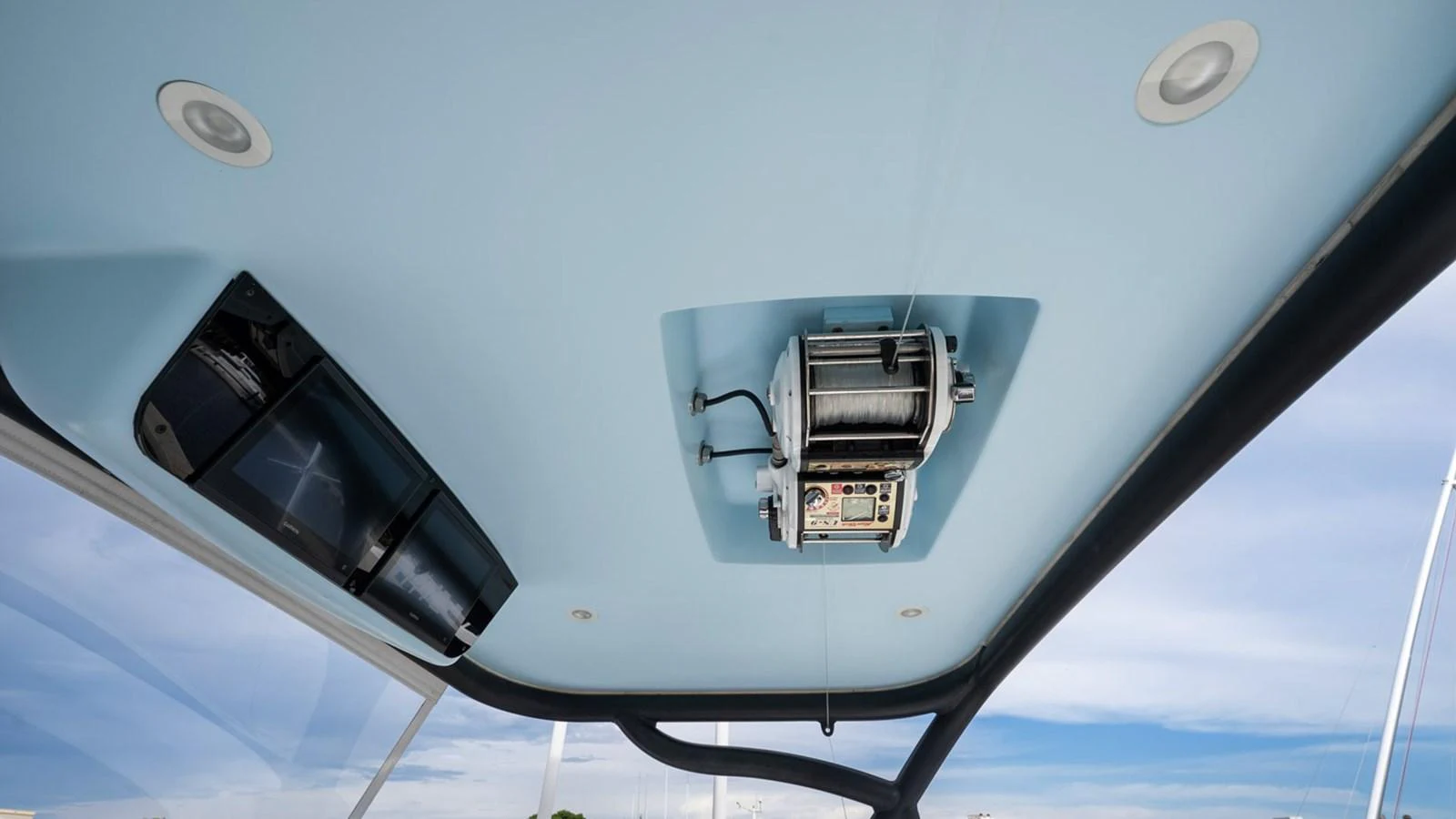 A close-up view of the yacht's ceiling-mounted equipment and lighting. aboard DOUBLE BARREL Yacht for Sale