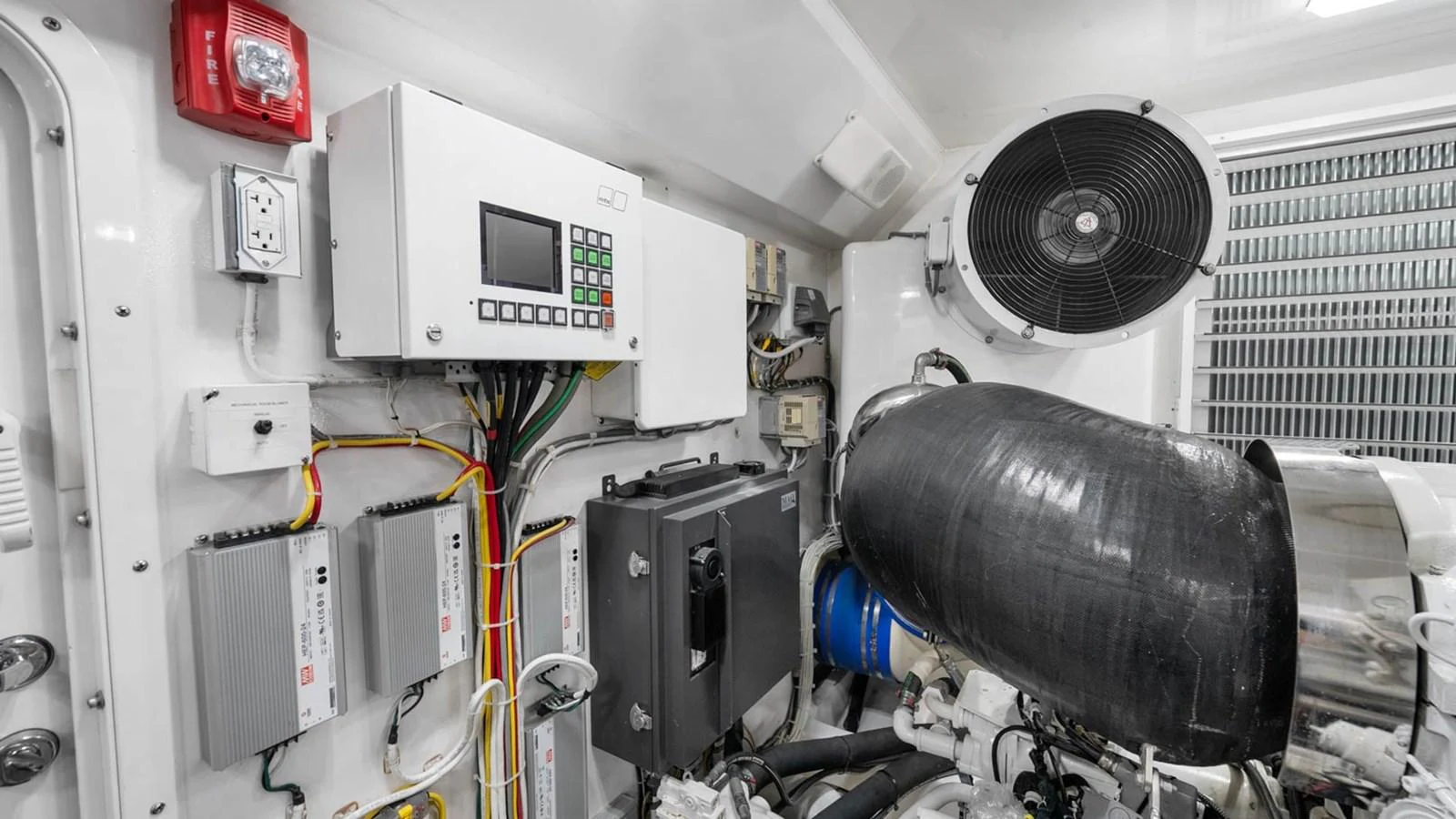 The image showcases the yacht's well-organized engine room with advanced machinery and control systems. aboard DOUBLE BARREL Yacht for Sale