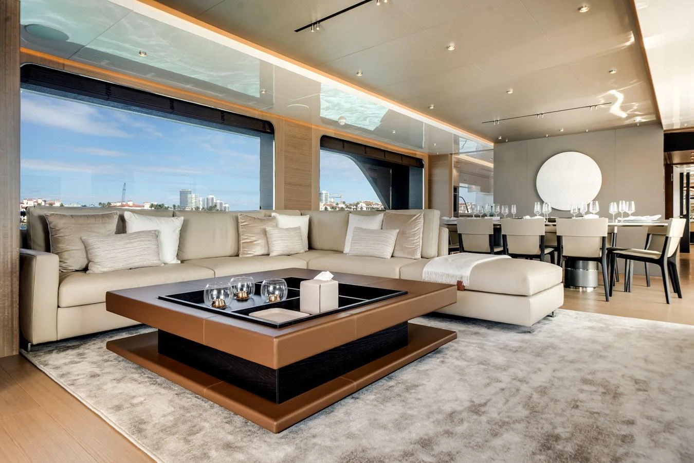 The salon offers a spacious and elegant seating area with panoramic views. aboard OCEAN ALEXANDER 35P05 Yacht for Sale