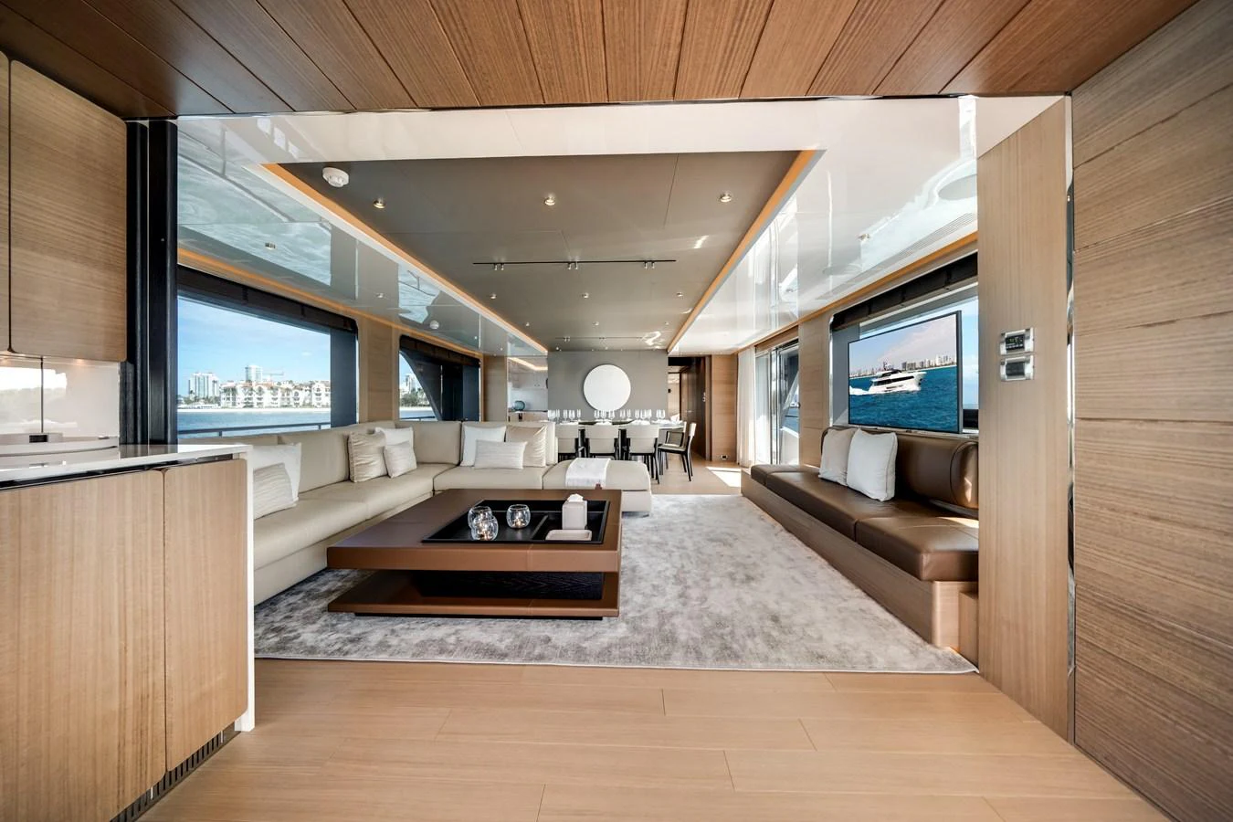 The spacious salon features elegant furnishings and panoramic windows offering stunning views. aboard OCEAN ALEXANDER 35P05 Yacht for Sale