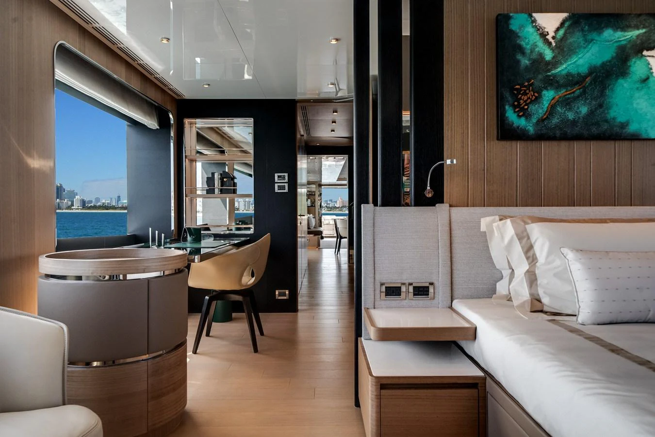 A luxurious stateroom with modern furnishings and a stunning view of the water. aboard OCEAN ALEXANDER 35P05 Yacht for Sale