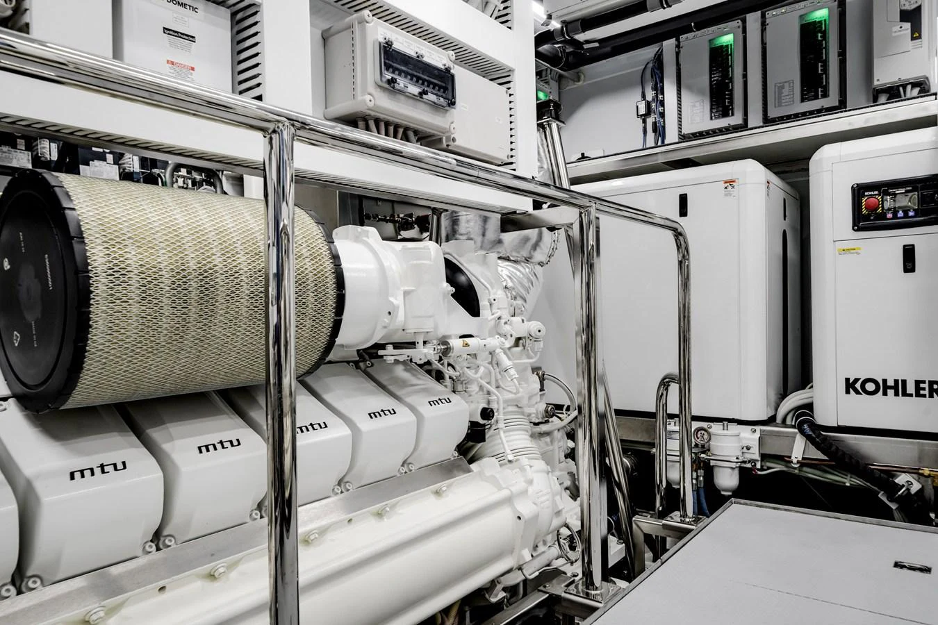 The engine room showcases advanced machinery and pristine engineering. aboard OCEAN ALEXANDER 35P05 Yacht for Sale