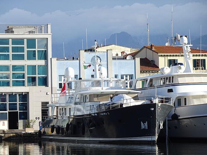 a group of boats are parked in a harbor aboard PERSUADER Yacht for Charter