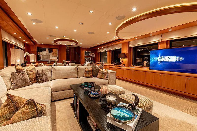 a living room with a large television aboard GALENA Yacht for Charter