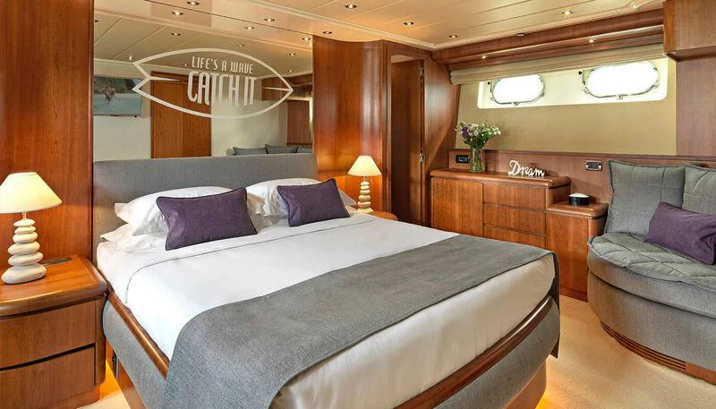 a bed in a room aboard MARTINA Yacht for Charter