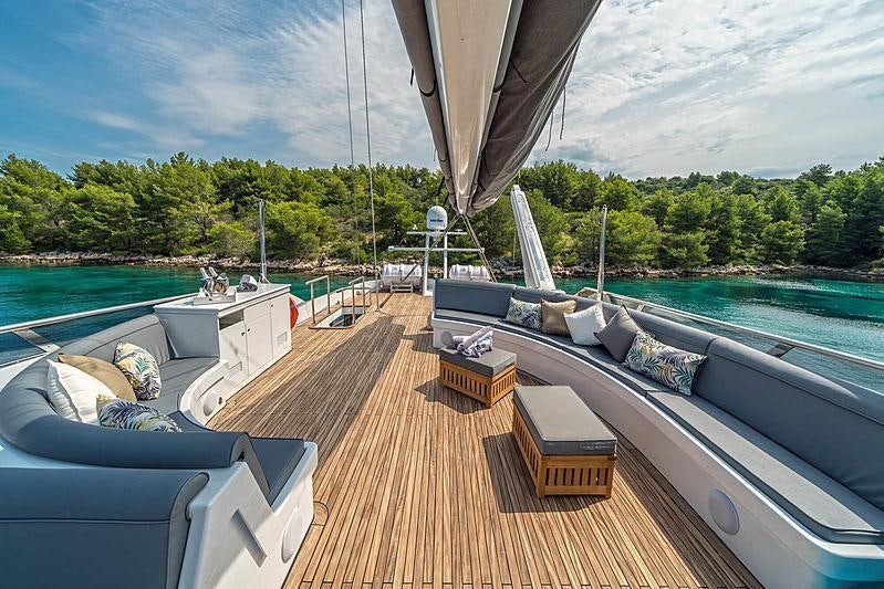 a deck with a boat on it aboard SAN LIMI Yacht for Charter