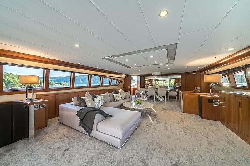 a large living room with a large bed and a large window aboard SAN LIMI Yacht for Charter