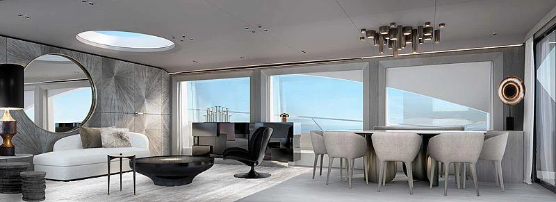 a large living room with a large window aboard OFFLINE Yacht for Charter