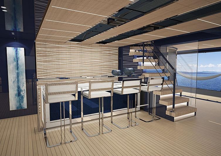 a room with a view of the ocean and a staircase aboard RESILIENCE Yacht for Charter