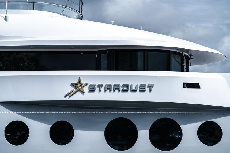 the front of a white boat aboard STARDUST Yacht for Sale