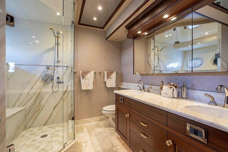 a bathroom with a glass shower aboard TRANQUILITY Yacht for Charter