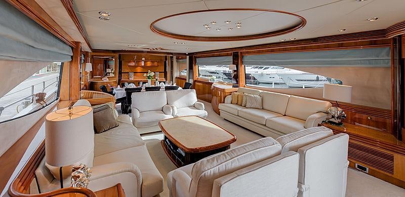 a living room with a large window aboard BABY I Yacht for Charter
