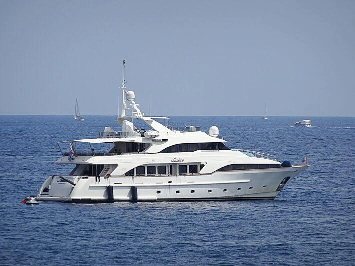 a white yacht in the water aboard SATINE Yacht for Charter