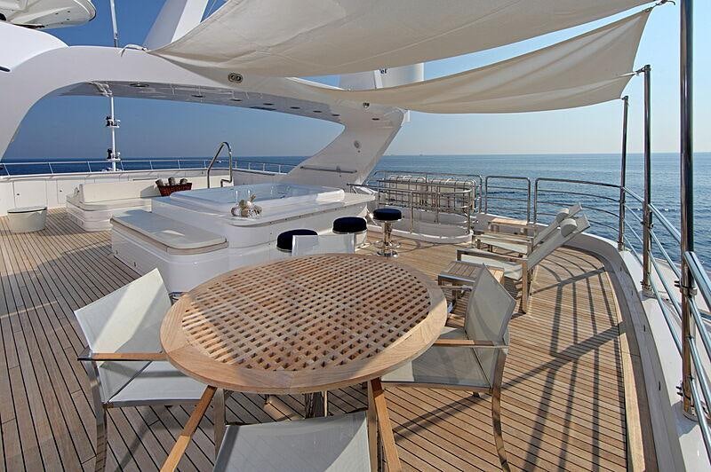 a deck with a view of the ocean and a boat aboard SEA SHELL Yacht for Charter
