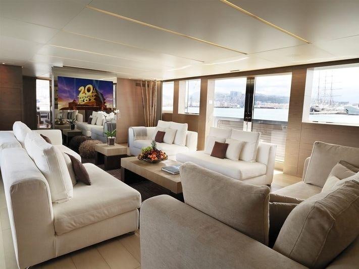 a living room with white couches aboard NAIA Yacht for Charter