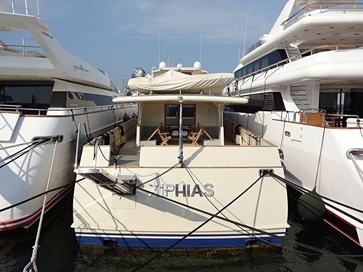several boats are parked in a row aboard XIPHIAS Yacht for Charter