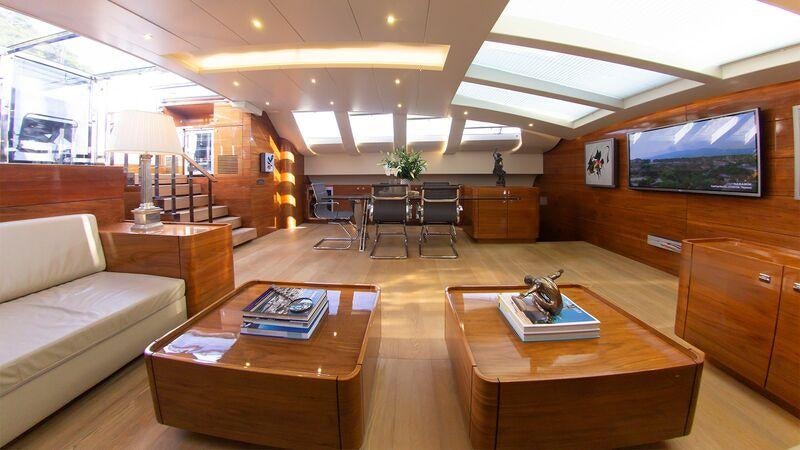 a living room with a large screen aboard MUSIC Yacht for Charter