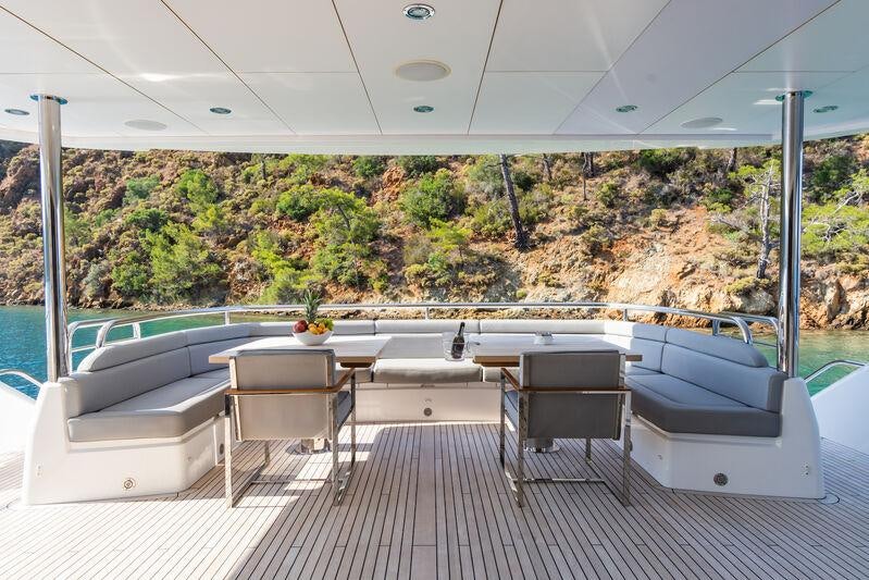 a pool with a table and chairs aboard FREEDOM Yacht for Charter