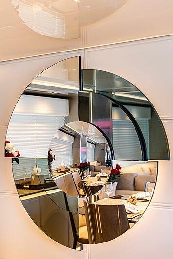 a kitchen with a large glass window aboard THE PEDDLER Yacht for Sale