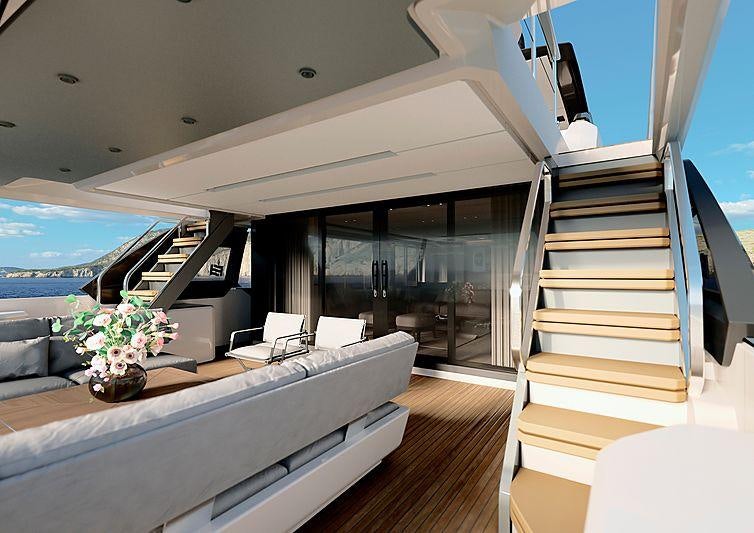 a room with a view of the ocean and the deck aboard EPIC Yacht for Charter