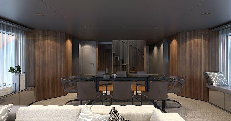 a large room with a pool table and chairs aboard TOGETHER Yacht for Charter