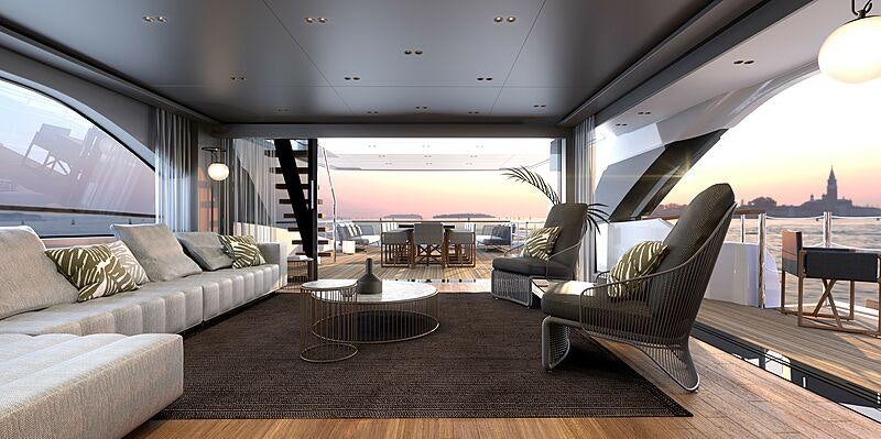 a living room with a couch and a table aboard TOGETHER Yacht for Charter