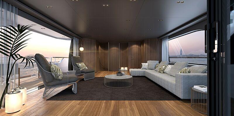 a living room with a large window aboard TOGETHER Yacht for Charter