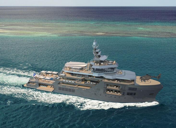 a large ship in the water aboard OCEAN FALCON Yacht for Sale