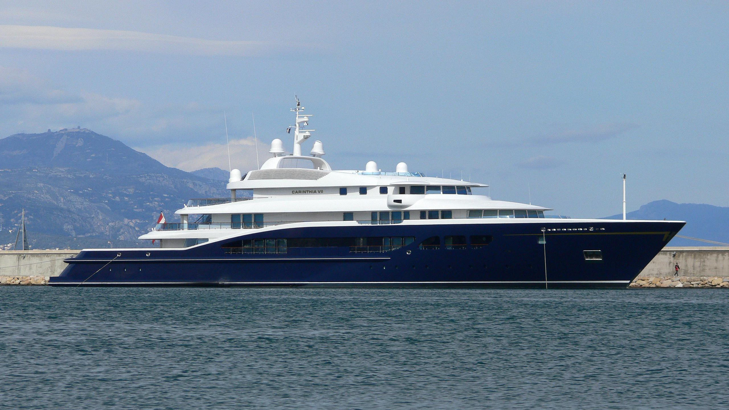 a large blue and white ship aboard CARINTHIA VII Yacht for Charter