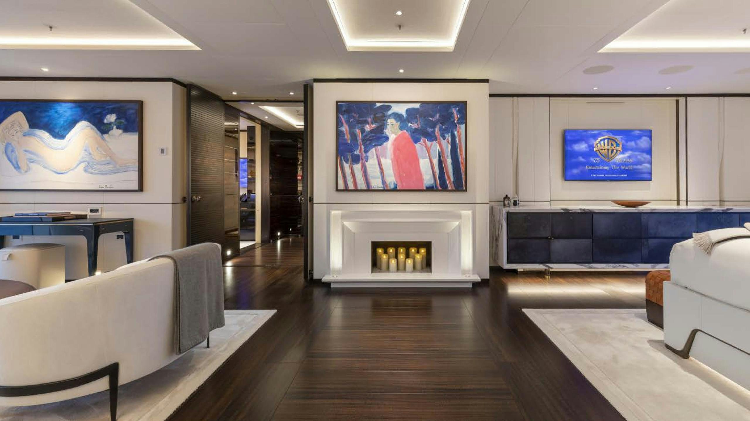 a room with a large screen aboard LUNASEA Yacht for Charter