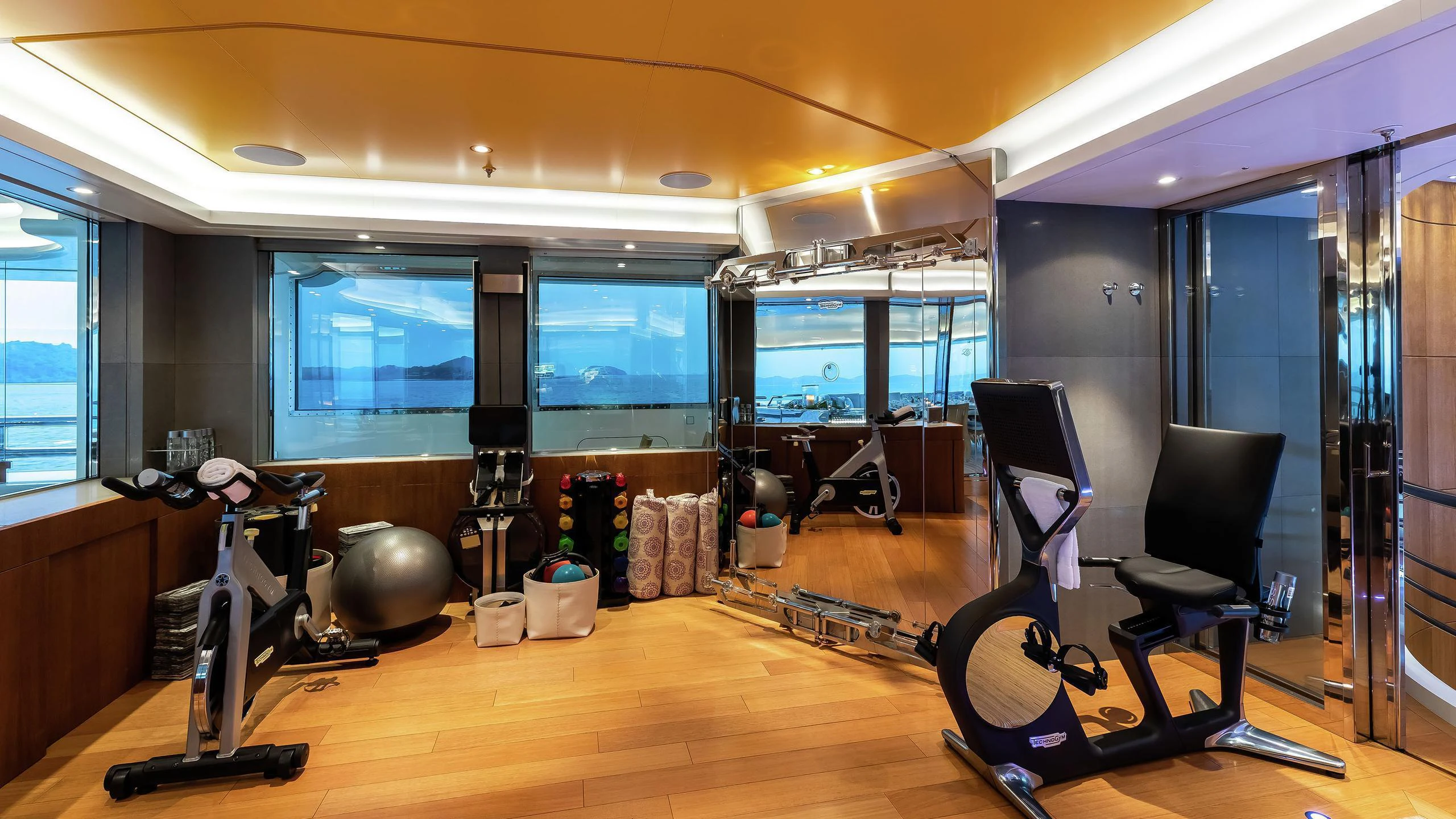 a gym with exercise equipment aboard LADY E Yacht for Charter