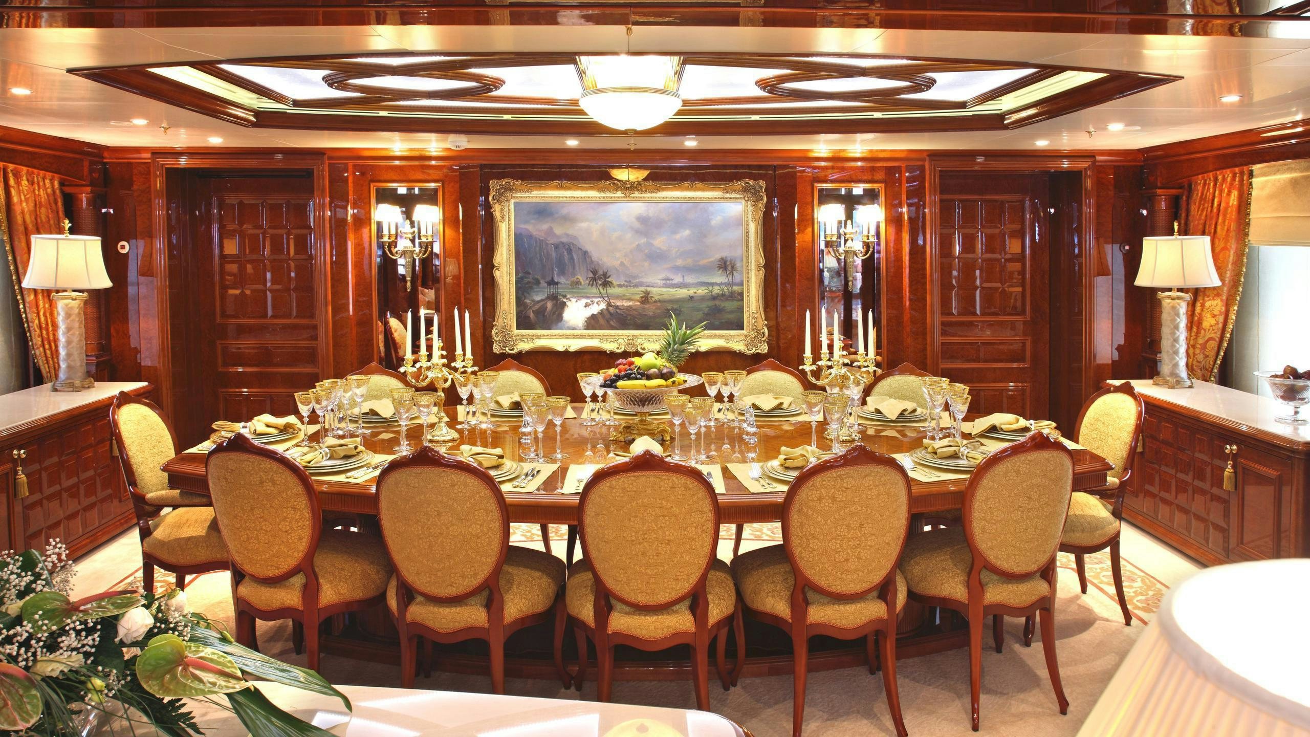 a large dining table in a room aboard ST DAVID Yacht for Charter