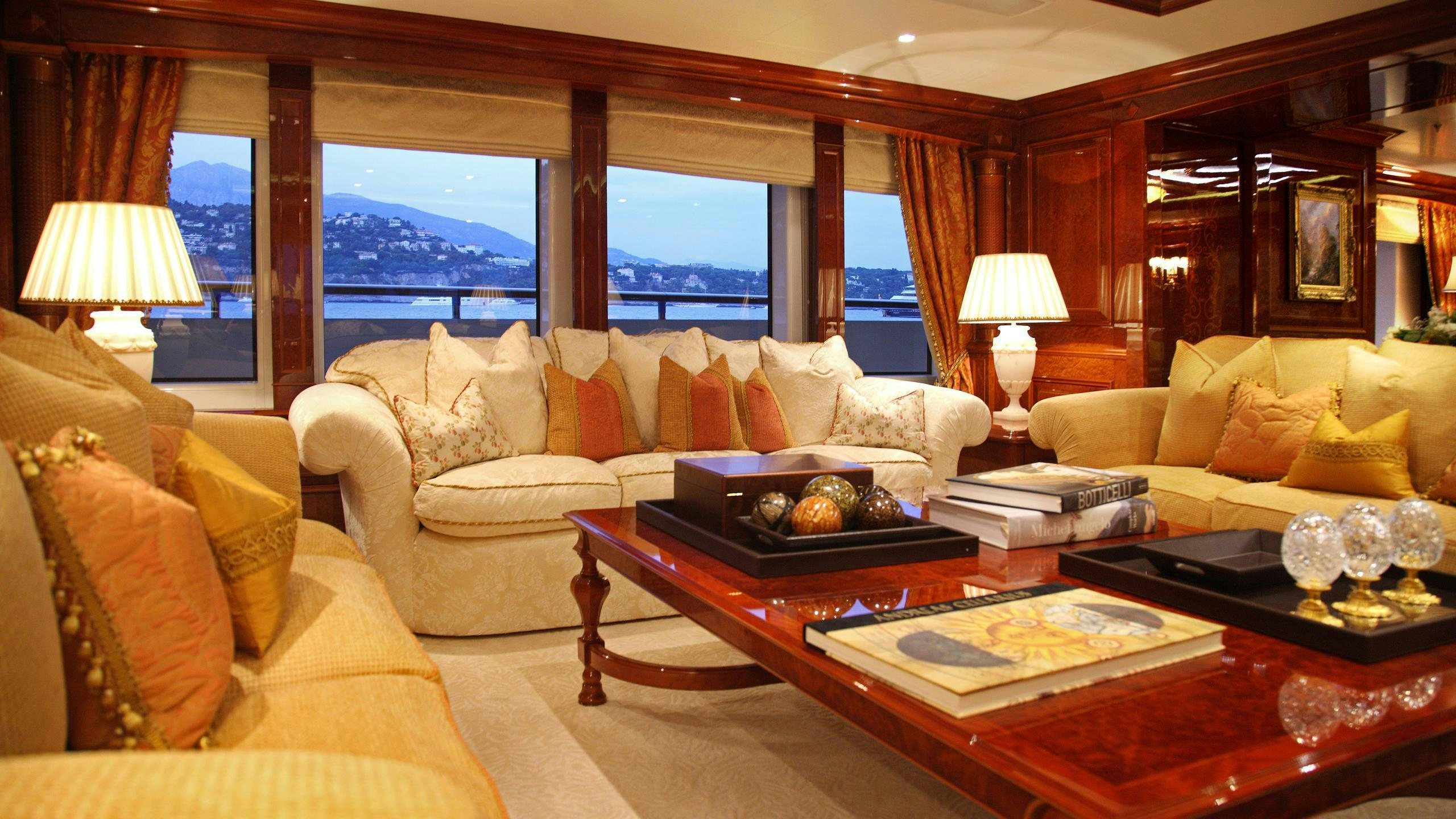 a living room with a large window aboard ST DAVID Yacht for Charter
