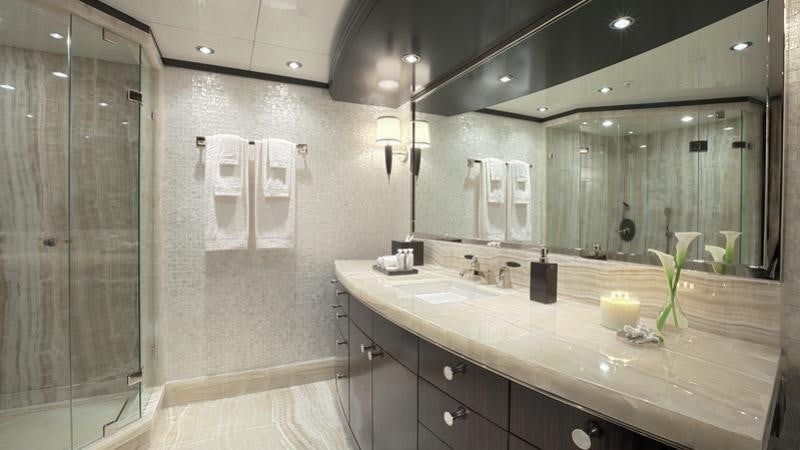 a bathroom with a large mirror aboard CARPE DIEM Yacht for Charter