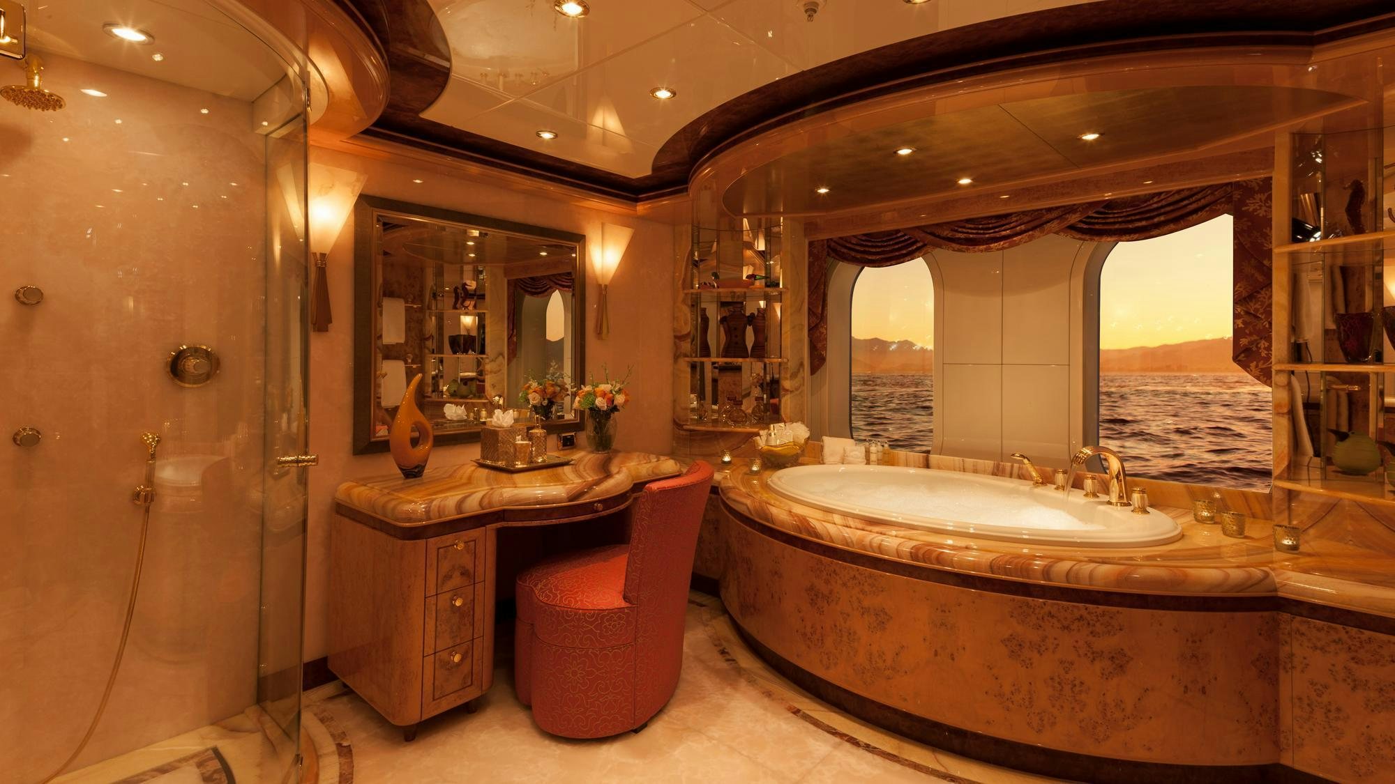 a large bathroom with a large bathtub aboard LIBERTY Yacht for Charter