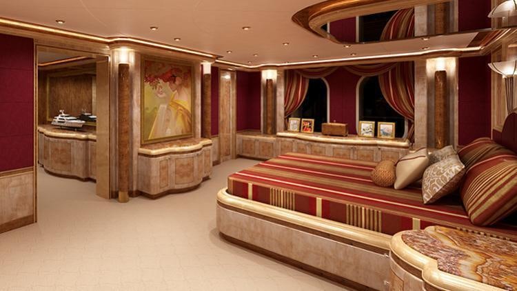 a room with a bed and a mirror aboard LIBERTY Yacht for Charter