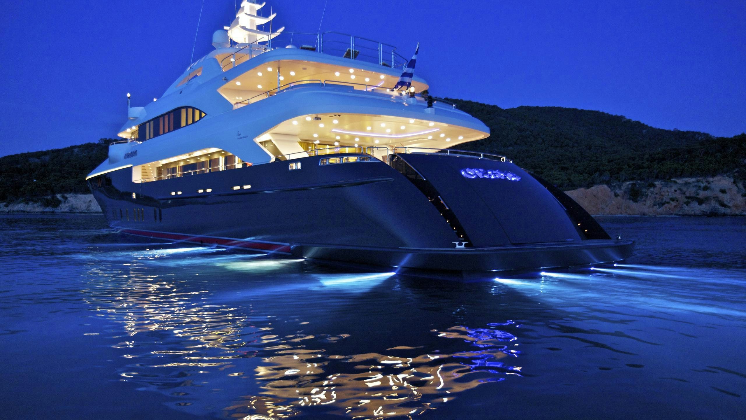 a cruise ship on the water aboard MIA RAMA Yacht for Charter
