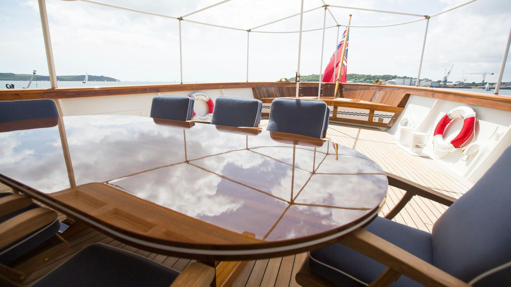 a deck with a flag and a pool aboard MALAHNE Yacht for Charter