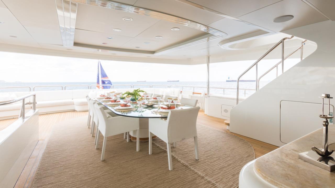 a room with tables and chairs aboard BARENTS Yacht for Charter