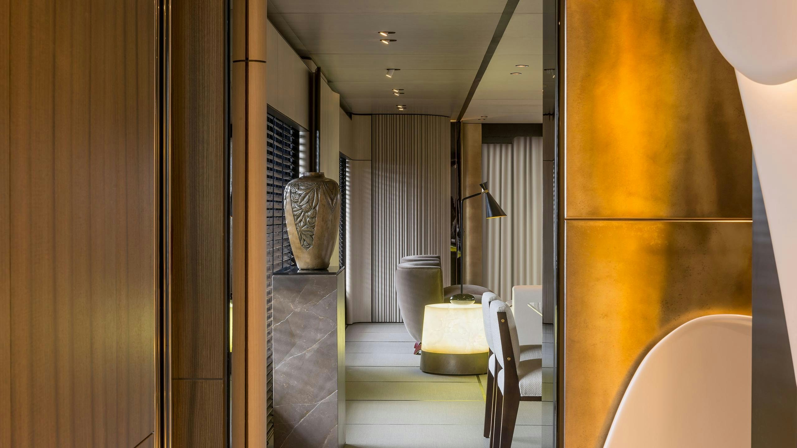 a hallway with a glass door aboard ENDEAVOUR 2 Yacht for Charter