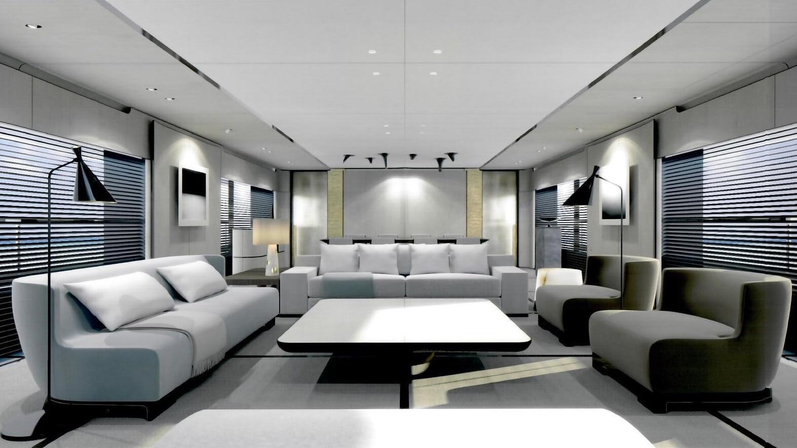a living room with white furniture aboard ENDEAVOUR 2 Yacht for Charter