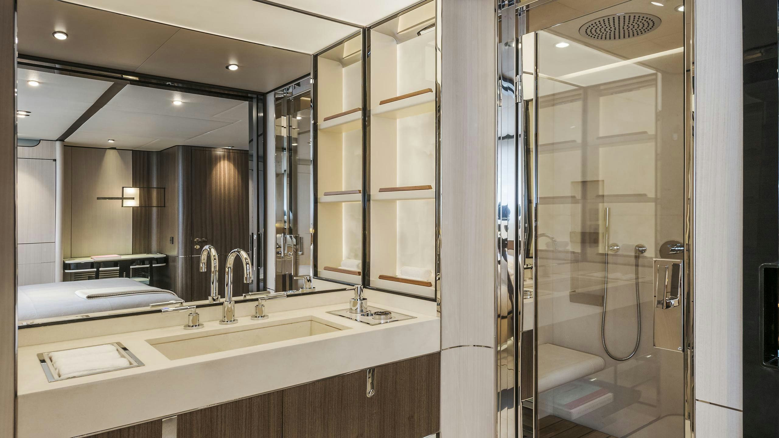 a bathroom with a large mirror aboard ENDEAVOUR 2 Yacht for Charter