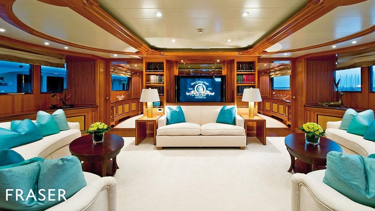 a living room with a large screen aboard ELENA V Yacht for Charter