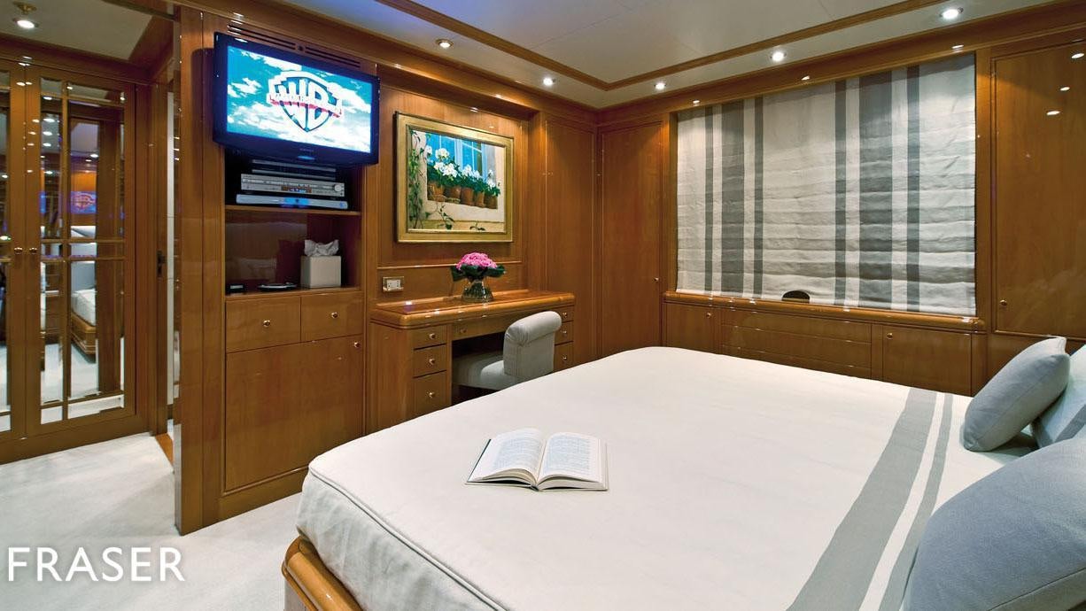 a hotel room with a bed and a tv aboard ELENA V Yacht for Charter