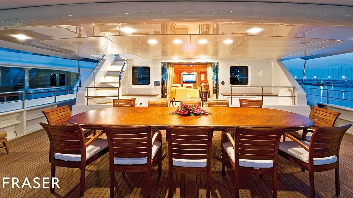a large room with a table and chairs and a large window aboard ELENA V Yacht for Charter