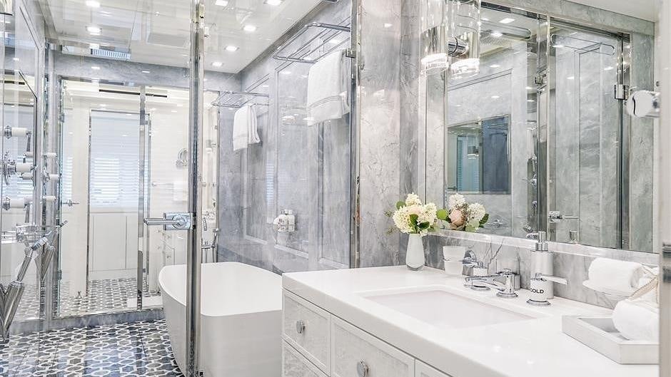 a bathroom with a large shower aboard (DELETE)INCOGNITO Yacht for Charter