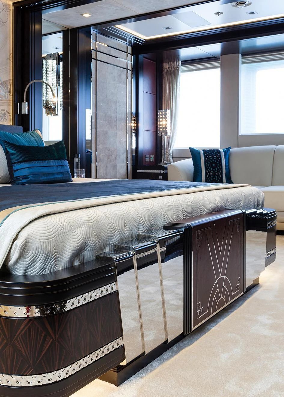 a bed with a white sheet aboard LADY LI Yacht for Charter