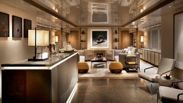a living room with a large mirror aboard ORIENT STAR Yacht for Charter